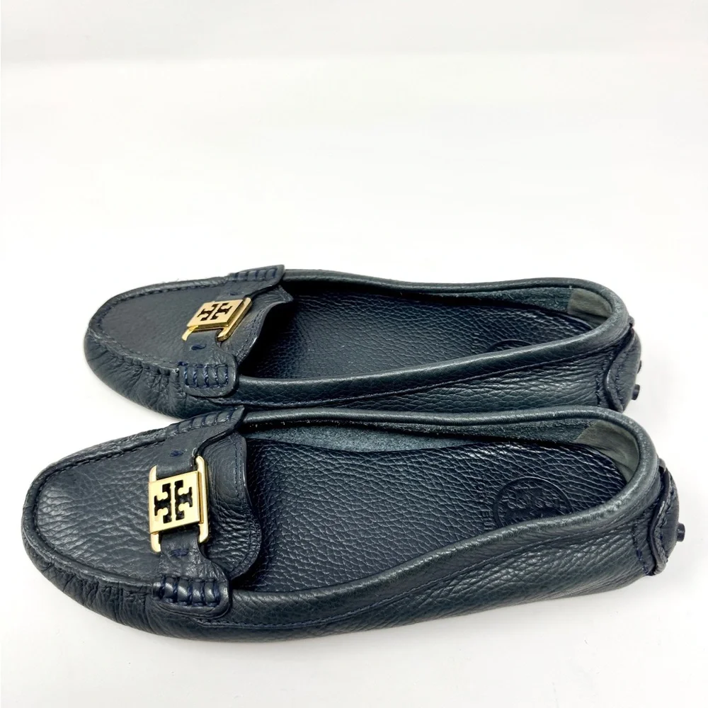 Tory Burch Kendrick Tumbled Leather Driver Loafers - Navy Blue size 7.5